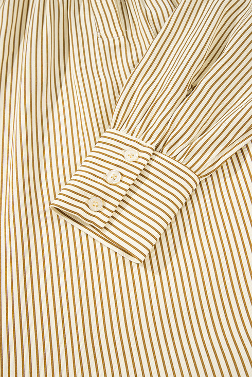 Brown Stripe Collared Neck Cuffed Long Sleeve Drop Waist Mini Dress